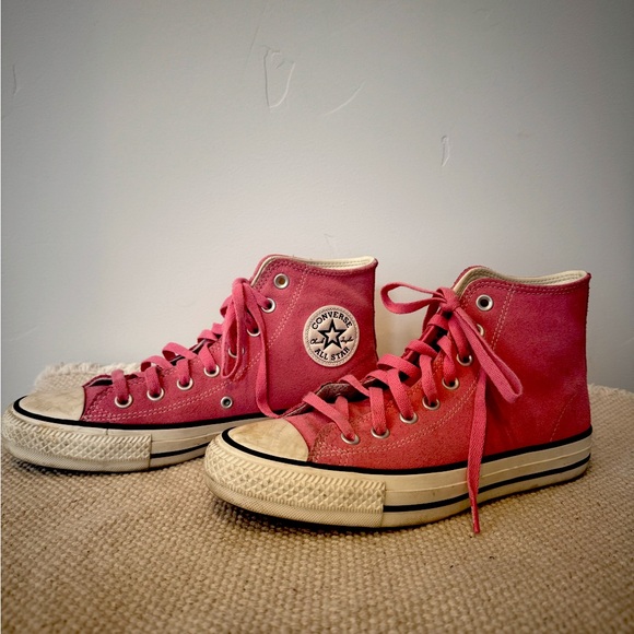 Converse Shoes - Pink suede Converse high tops. Lightly used. Size 9 but run big